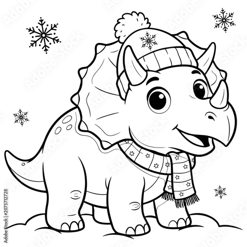 Cute triceratops dinosaur coloring page, winter cartoon dinosaur wearing hat and scarf, black and white outline vector for kids activity book
