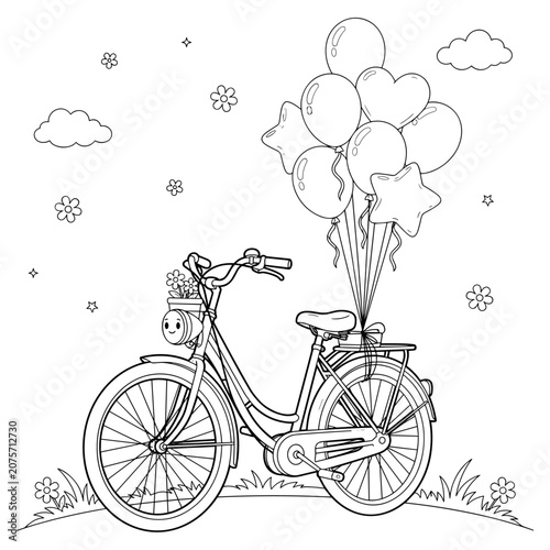 Cute bicycle coloring page for kids, vintage bike with balloons and flowers, whimsical line art vector illustration for children activity book