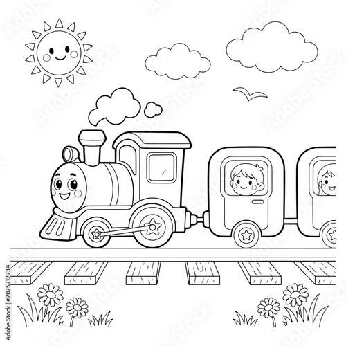 Cute cartoon train coloring page for kids, steam locomotive with happy children on railway tracks, black and white vector illustration