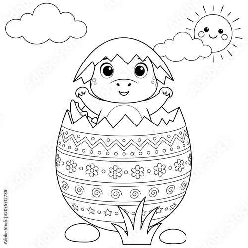 Cute baby dinosaur hatching from egg coloring page, adorable cartoon dino character in cracked shell, black and white outline vector illustration