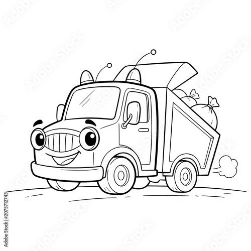 Cartoon garbage truck coloring page, cute smiling waste management vehicle vector, black and white line art of a friendly refuse truck for kids