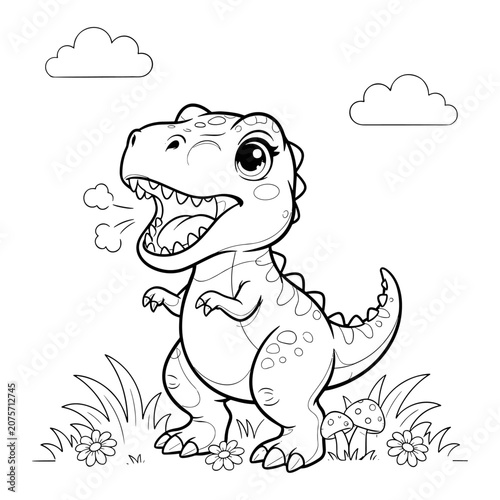 Cute baby dinosaur coloring page vector, adorable cartoon Tyrannosaurus Rex line art, prehistoric t-rex character in nature landscape for kids activity