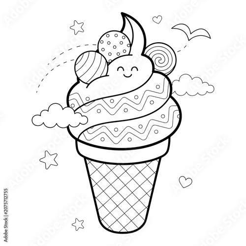 Kawaii ice cream cone coloring page, cute soft serve character with stars and clouds, black and white doodle vector illustration for kids