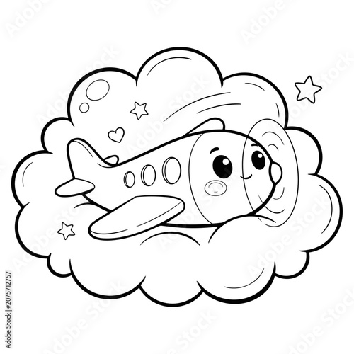 Cute dinosaur coloring page for kids, adorable stegosaurus vector illustration with hearts and clouds, black and white outline for children activity book