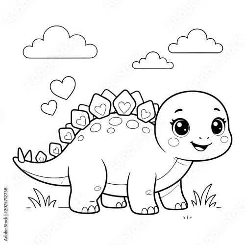 Cute stegosaurus coloring page for kids, adorable dinosaur vector illustration with hearts and clouds, black and white outline for children activity book