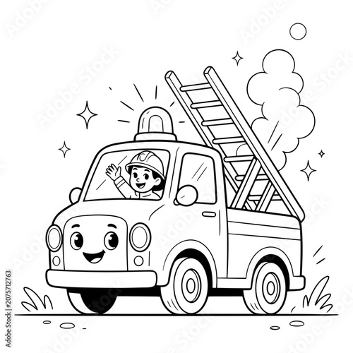 Cute fire truck coloring page for kids, cartoon firefighter driving emergency vehicle vector, black and white outline illustration of fire engine
