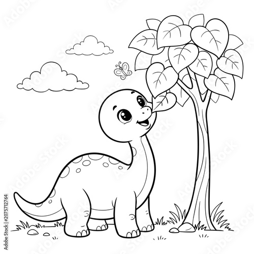Cute dinosaur coloring page for kids, cartoon brontosaurus eating leaves from a tree, prehistoric landscape outline vector illustration