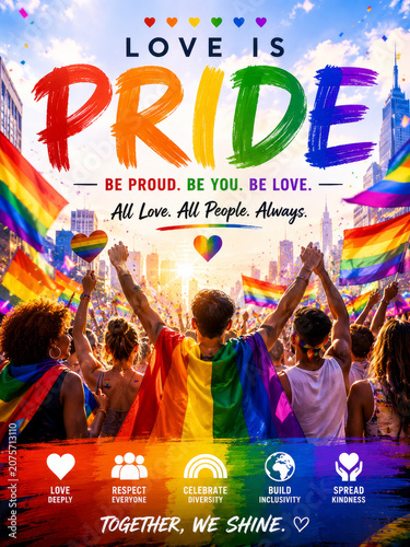 AI-Generated image featuring a vibrant LGBTQ Pride celebration with rainbow flags, diverse people united in a city parade
