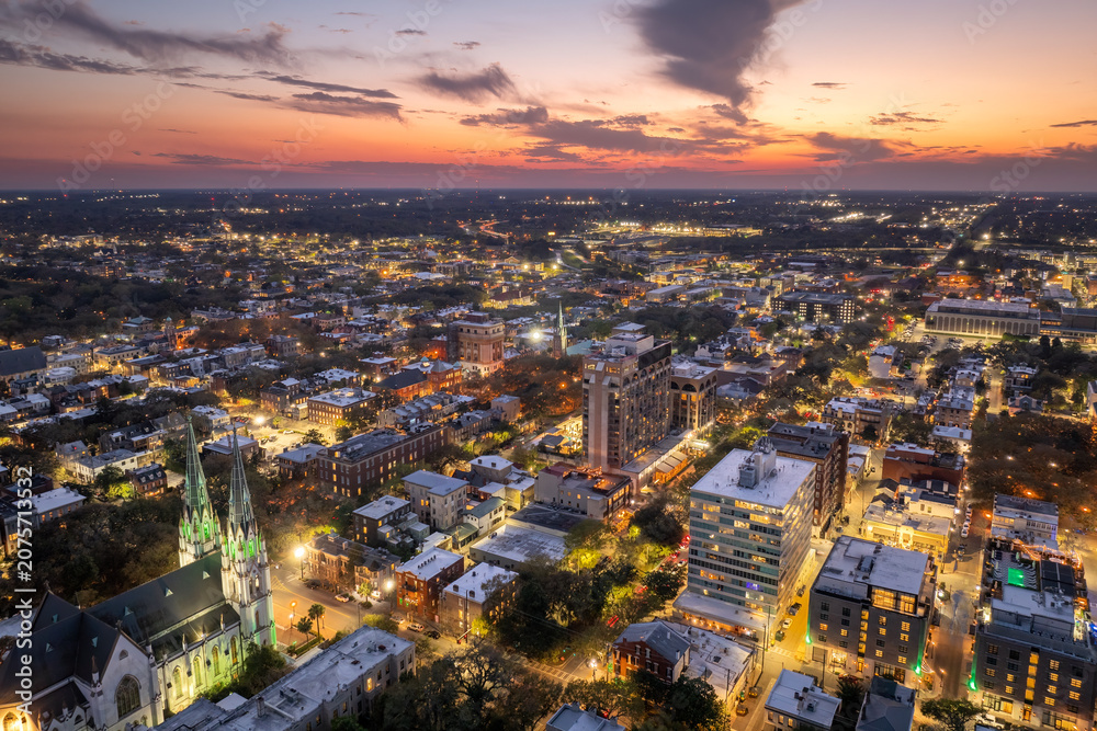Fototapeta premium Aerial view of Savannah, Georgia. American city old historical architecture. USA panoramic cityscape at night