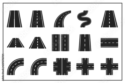 Road and highway vector icon set with asphalt street paths, curves, intersections, and crossroad elements isolated on white background