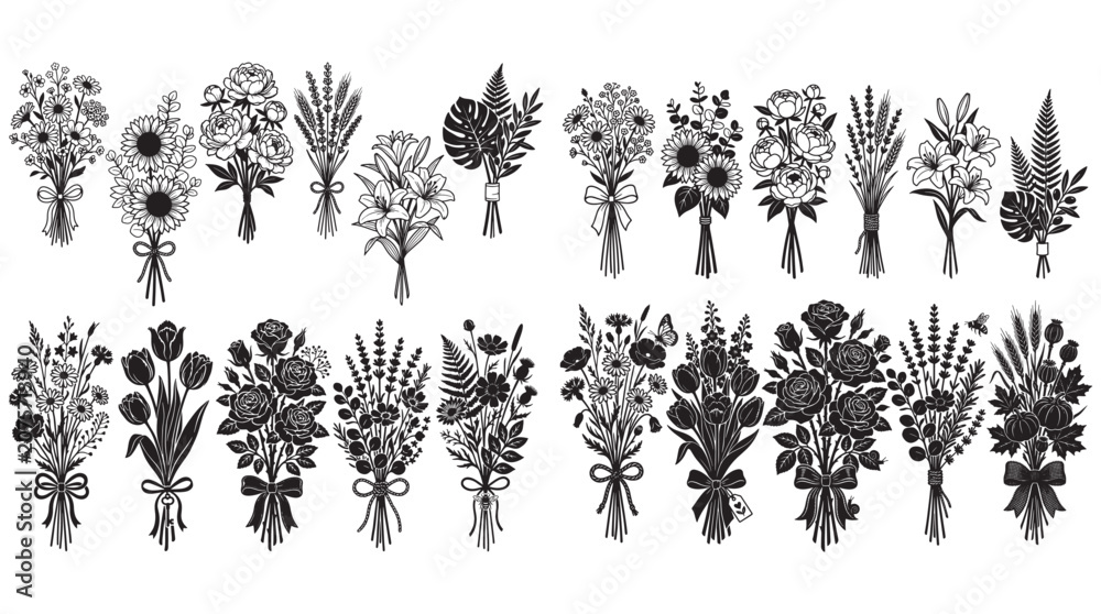 Fototapeta premium Vintage Black and White Floral Bouquet Icons and Decorative Flower Illustrations Set