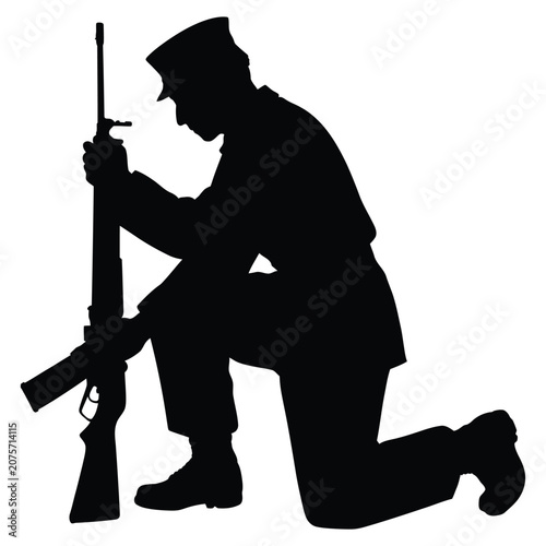 Soldier with rifle silhouette against a white background