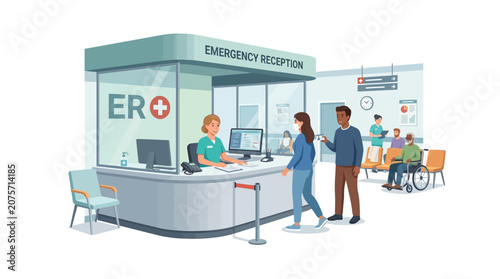 Hospital Emergency Room Reception Desk with Diverse Patients and Staff