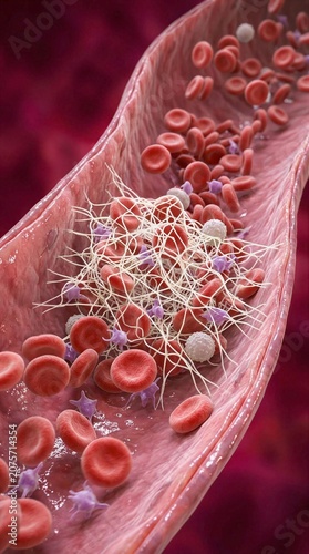 Close up of blood clot forming in artery with platelets and red blood cells