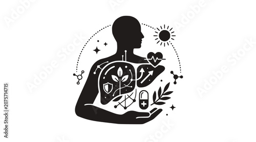 Human Body Silhouette with Liver Detoxification and Natural Health Wellness Concept Vector Illustration