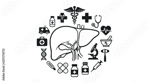 Human liver anatomy surrounded by medical and healthcare icons in circular composition