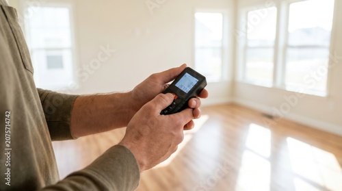 Real estate professional using a digital laser distance meter to measure an empty room