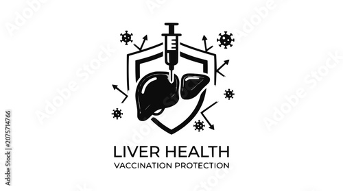 Human Liver Health and Medical Vaccination Protection Icon with Shield and Syringe