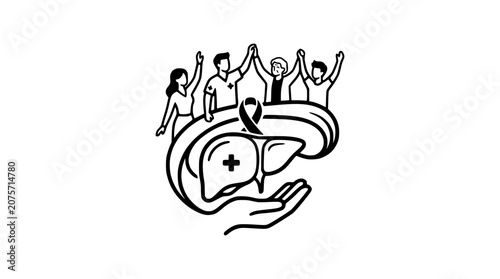 Human liver health awareness concept with supportive community and medical professionals illustration