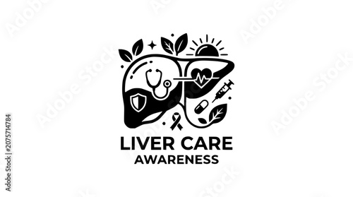Human Liver Health Care Awareness Illustration with Medical Icons and Symbols