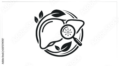 Human Liver Health Diagnostic Icon with Magnifying Glass and Herbal Leaves