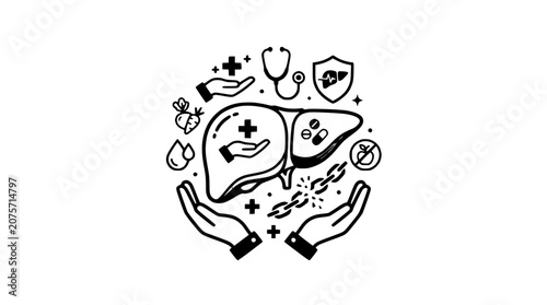 Human Liver Health Protection and Medical Care Vector Illustration Set