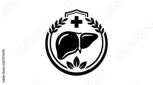 Human Liver Health Medical Emblem with Cross and Laurel Wreath Icon