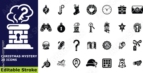 Christmas mystery and investigation icon set, 28 vector pictograms of festive holiday secrets, winter clues, and detective elements
