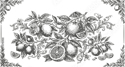 An engraving of a vintage citrus branch with ripe oranges and leaves creating an ornate decorative element with floral flourishes