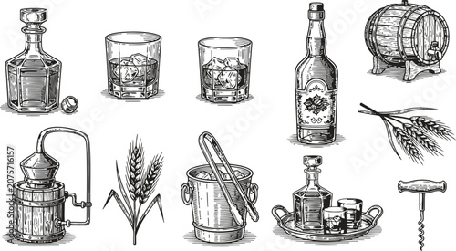 Engraving vintage collection of whiskey making and serving elements in a classic style