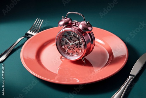 Pink Alarm Clock on Plate for Intermittent Fasting Concept