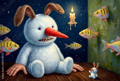 Surreal snowman rabbit with human hands and floating fish in dark room
