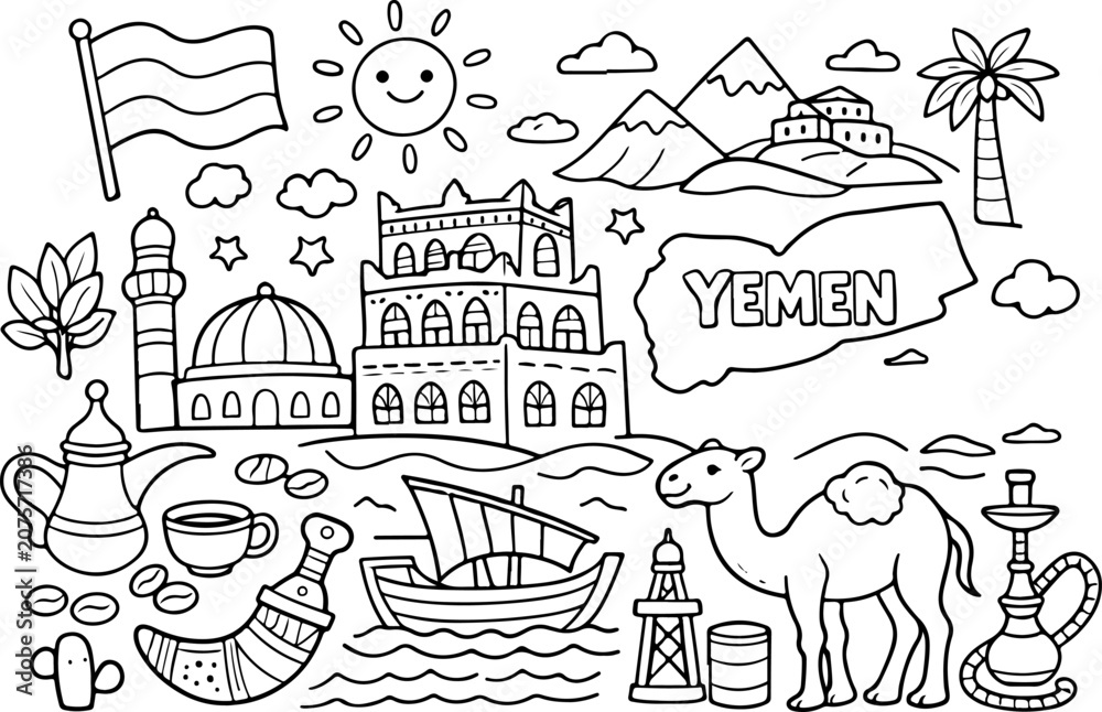 Fototapeta premium yemen landmarks cartoon outline hand drawn Line Art illustration doodle art coloring page for kids