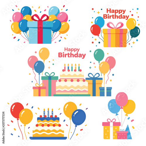Birthday Celebration Elements Collection with Gifts, Balloons, and Cakes