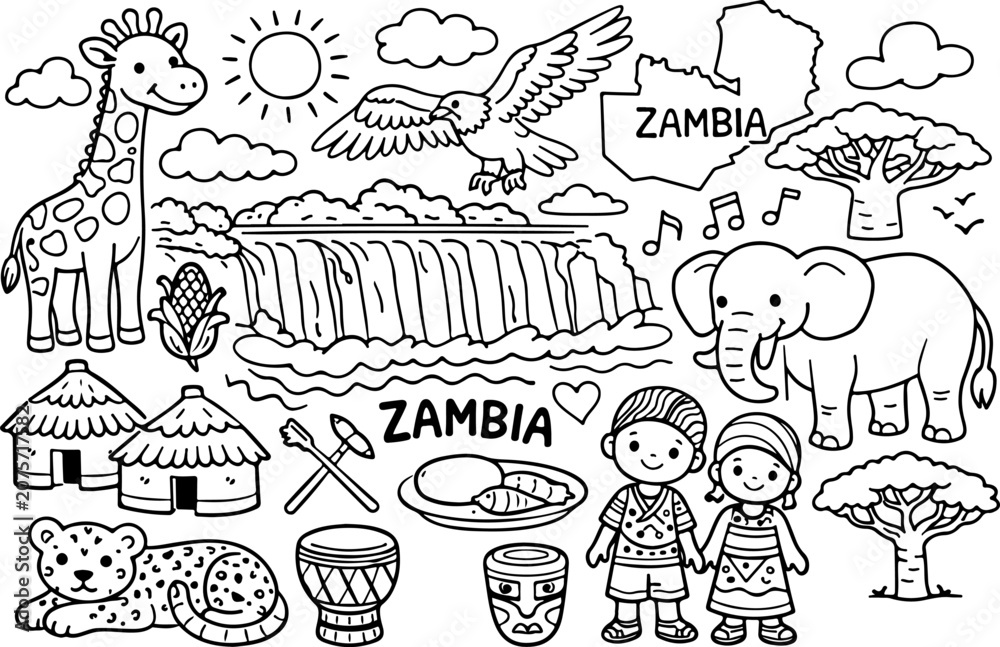 Fototapeta premium zambia landmarks cartoon outline hand drawn Line Art illustration doodle art coloring page for kids