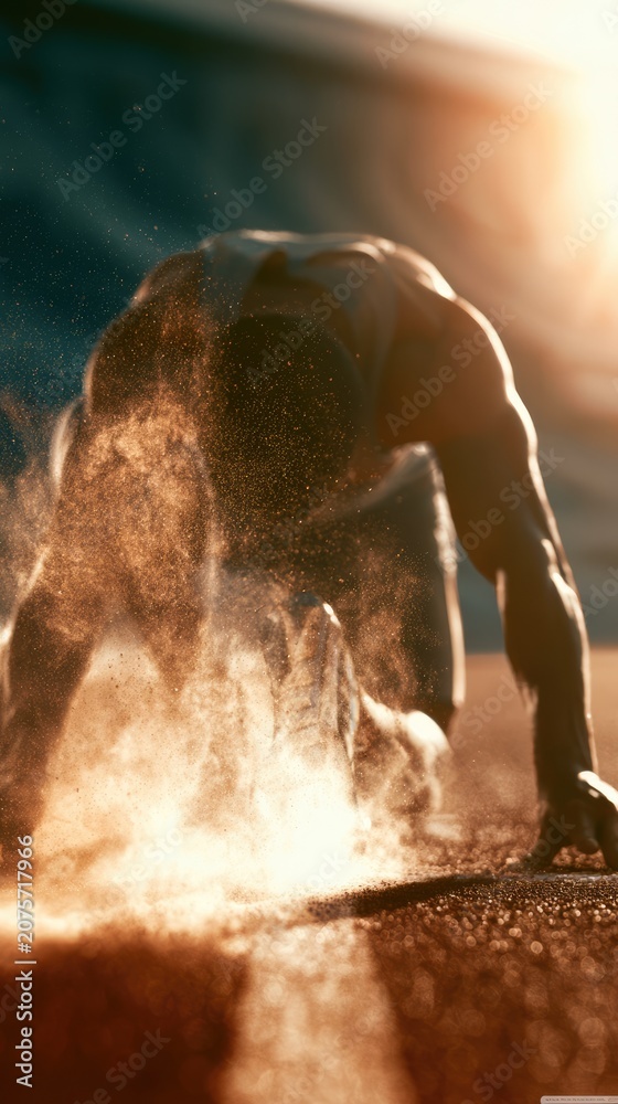 Fototapeta premium Athlete Exploding from the Starting Line on a Running Track at Sunset