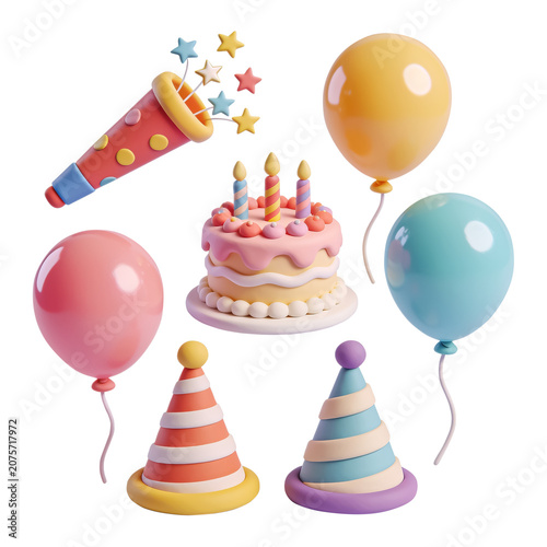 3D Cute Birthday Cake and Celebration Party Icon Set