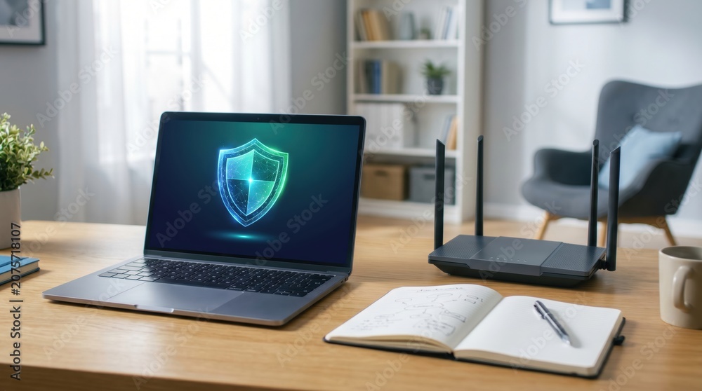 Fototapeta premium Laptop showing a glowing cyber security shield icon on the screen next to a wifi router