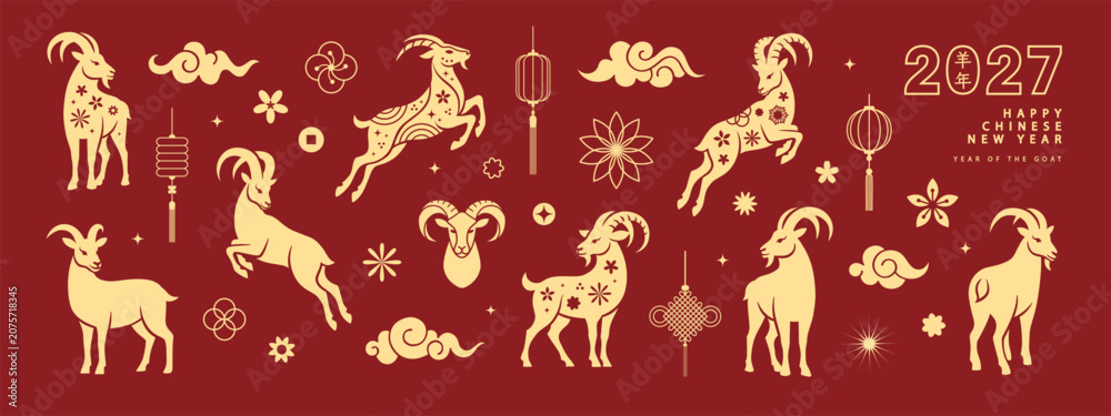 Fototapeta premium Set of elements for Chinese New Year 2027 in a modern flat style. Vector illustration featuring silhouettes of the zodiac goat and traditional patterns. Ideal for advertising and design.