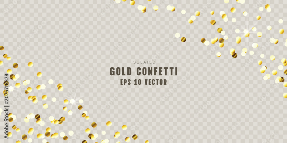 Fototapeta premium Sparkling gold confetti, scattered glittering golden sparkles, isolated on a transparent background. Perfect for holiday designs and cards. Vector illustration.