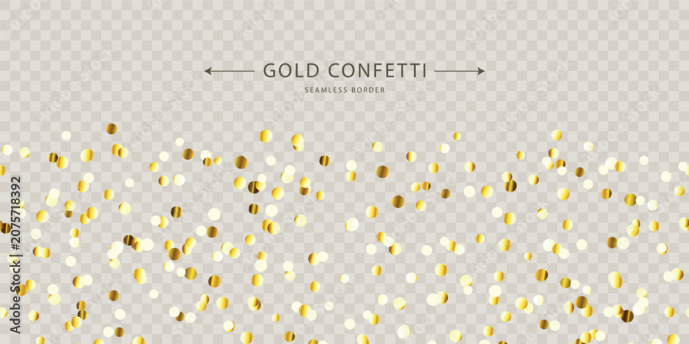 Fototapeta premium Sparkling gold confetti, seamless border with scattered glittering golden sparkles, isolated on a transparent background. Perfect for holiday designs and cards. Vector illustration.