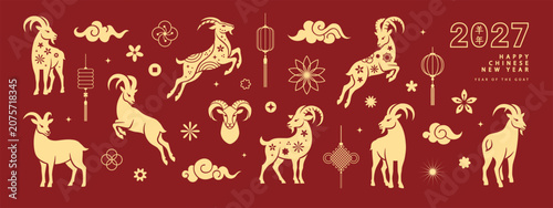 Set of elements for Chinese New Year 2027 in a modern flat style. Vector illustration featuring silhouettes of the zodiac goat and traditional patterns. Ideal for advertising and design.