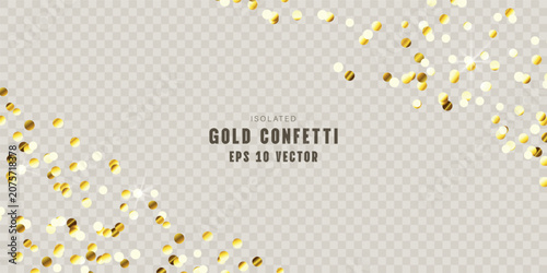 Sparkling gold confetti, scattered glittering golden sparkles, isolated on a transparent background. Perfect for holiday designs and cards. Vector illustration.