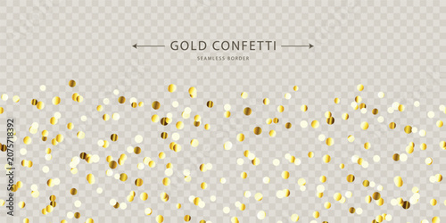 Sparkling gold confetti, seamless border with scattered glittering golden sparkles, isolated on a transparent background. Perfect for holiday designs and cards. Vector illustration.