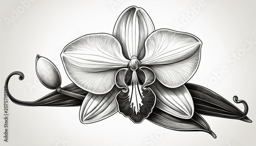 a refined sketch of a vanilla orchid featuring graceful flowing contours that highlight its petals leaves and pods in a minimalist style