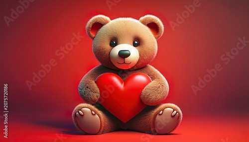 cute tedy bear holding red heart isolated on red background