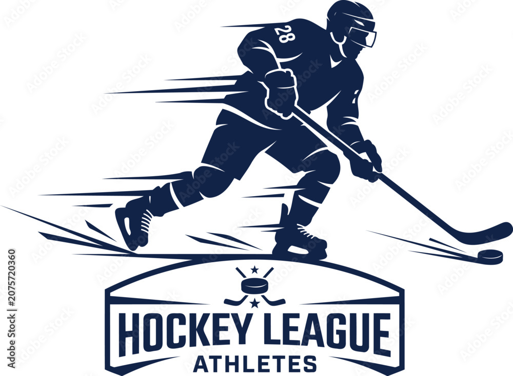 Fototapeta premium Ice hockey player skating fast with puck and league logo
