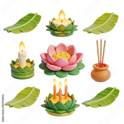 3D Thailand Loy Krathong Festival Element Icon Set
