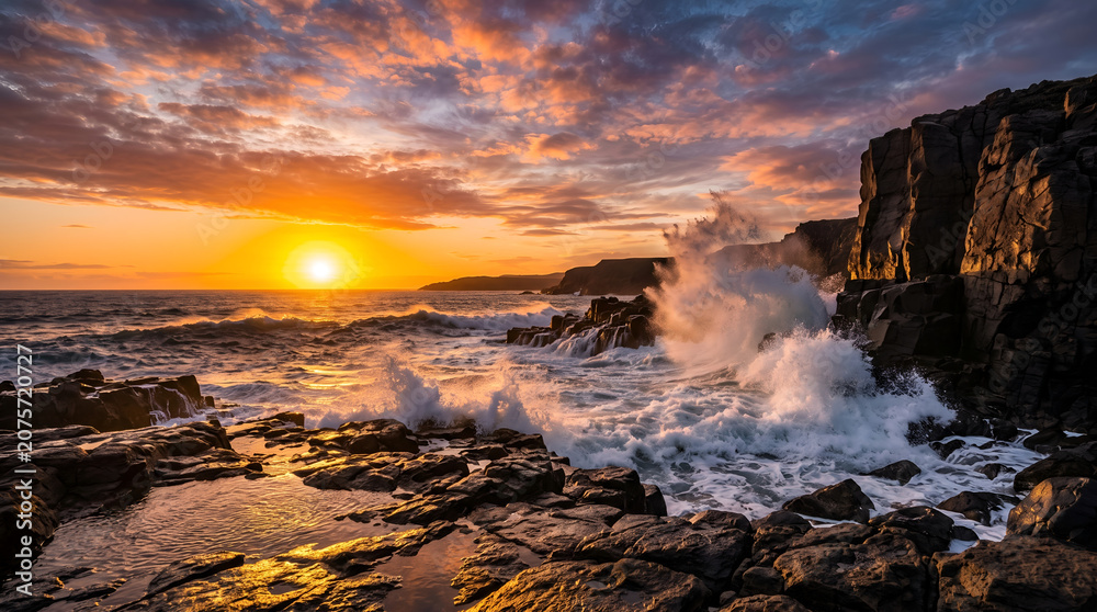 Fototapeta premium Ocean waves crashing against rocky cliffs at sunset