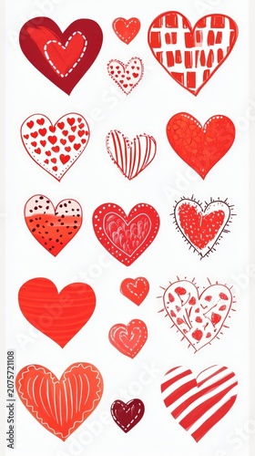 Hand Drawn Red Heart Collection Romantic Love Symbols Isolated on White Background